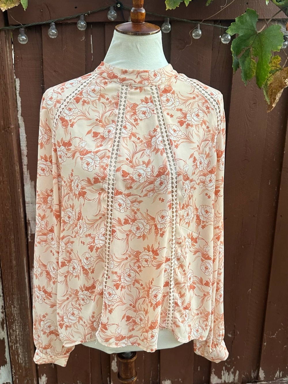 june & hudson blush peach floral lace-trim blouse